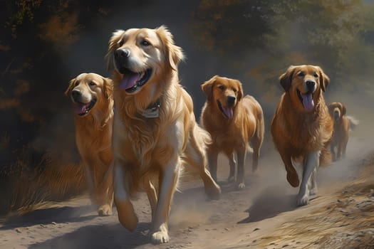 The golden retrievers are running as fast as they can and are having a blast.