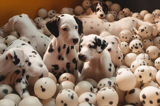 The puppies leap into the colorful balls, tumbling and rolling around in a playful frenzy.