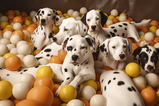 The puppies leap into the colorful balls, tumbling and rolling around in a playful frenzy.