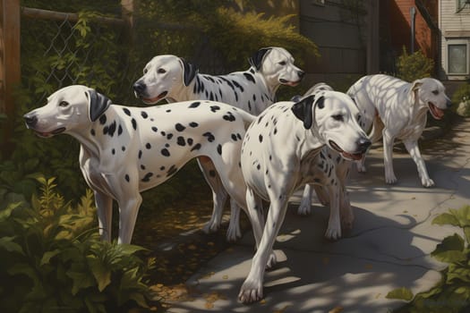 The dalmatians are having a blast chasing each other around the yard, tongues lolling out of their mouths.