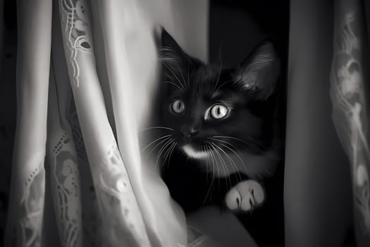The kitten is scaling the silky fabric and playfully batting at the tassels.