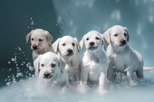 The fluffy white puppies are making a big splash as they play in the pool on a sunny day.