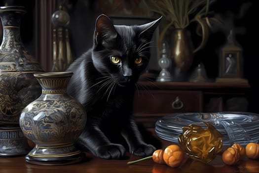 The cheeky black kitten is causing all sorts of chaos, gleefully knocking objects off the table with its paw.