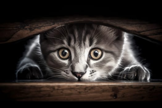 The shy kitten is peeking out curiously from under the table, watching everything that's going on.