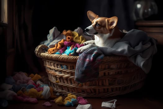 The corgi is sneaking around the laundry basket and grabbing socks with a cheeky grin on its face.