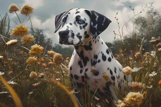 The curious dalmatian puppy wandered off and now finds itself lost amongst a beautiful field of flowers, searching for a way back home.