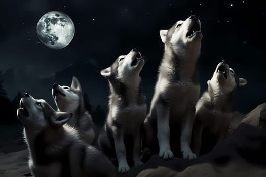 The pack of fluffy husky pups are letting loose with high-pitched howls, as if singing to the moon above them.