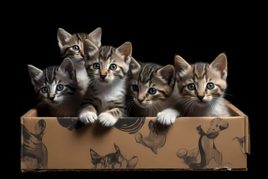 Several playful kittens are investigating every inch of a cardboard box, sticking their little paws and noses into every crevice.