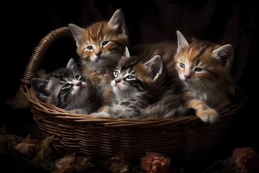 The cozy basket is filled with a group of sleepy kittens, all snuggled up together and purring contentedly.