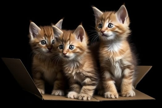 The kittens are jumping in and out of the box, sniffing around and pawing at the sides curious about what's inside.