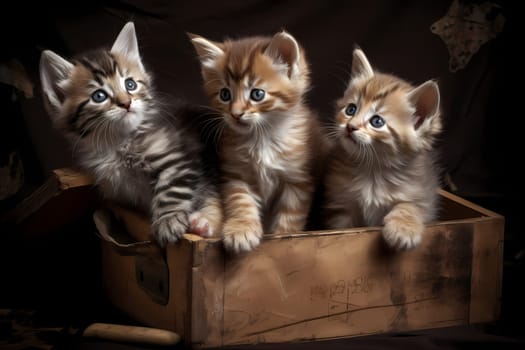 Several playful kittens are investigating every inch of a cardboard box, sticking their little paws and noses into every crevice.
