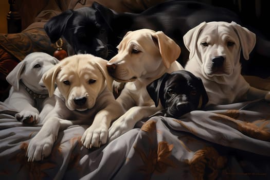 A bunch of adorable little puppies are snuggled up in a warm, cozy bed, sleeping peacefully.