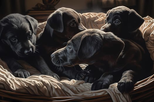 A bunch of adorable little puppies are snuggled up in a warm, cozy bed, sleeping peacefully.