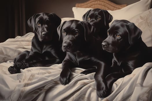 A bunch of adorable little puppies are snuggled up in a warm, cozy bed, sleeping peacefully.