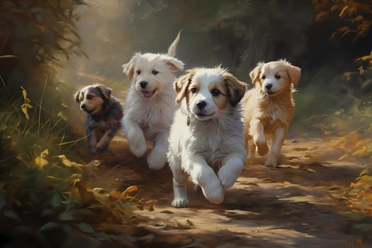 A pack of playful puppies are having a fantastic time chasing each other through the park.