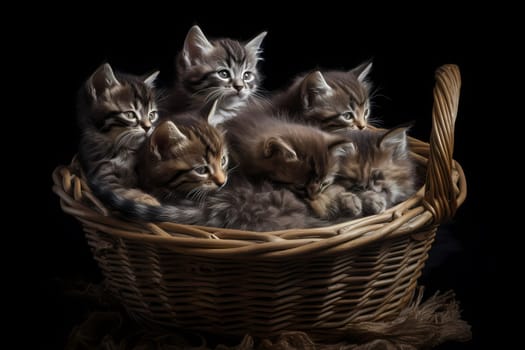 The cozy basket is filled with a group of sleepy kittens, all snuggled up together and purring contentedly.
