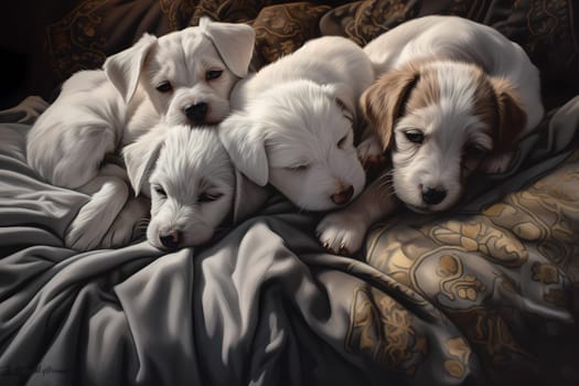 A bunch of adorable little puppies are snuggled up in a warm, cozy bed, sleeping peacefully.