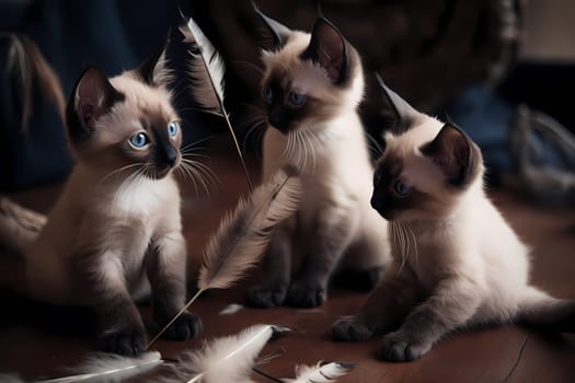 The Siamese kittens are leaping and bounding in the air, trying to catch the feathers on the toy!