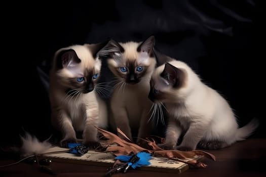 The Siamese kittens are leaping and bounding in the air, trying to catch the feathers on the toy!