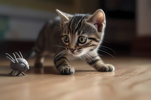 The energetic tabby is having a blast chasing a tiny toy mouse, pouncing and playfully batting it around.