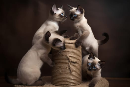The kittens are scampering and clambering over each other to reach the top of the tall scratching post