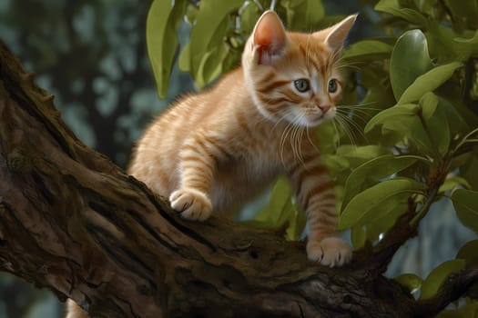 This spunky little kitten is fearlessly scaling a tree trunk and leaping from branch to branch.