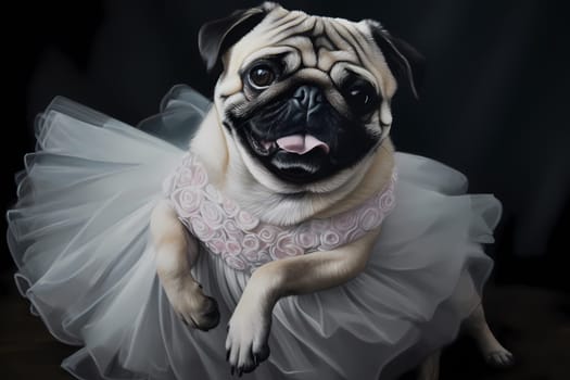 The chubby pug in a tutu is twirling around on her hind legs, tongue lolling out happily.