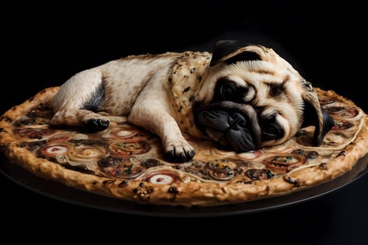 The puppy is snoring peacefully on the pizza slice like it's the comfiest bed in the world
