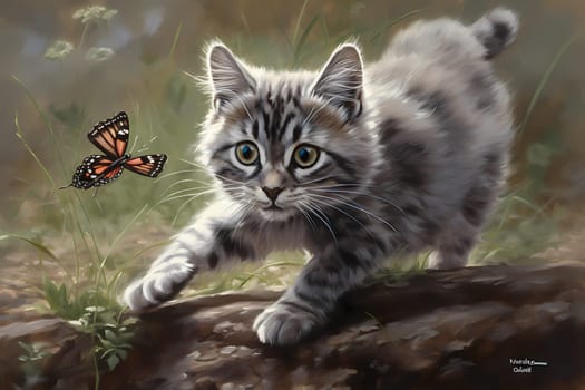 The scruffy grey kitten leaps up with determination to catch the fluttering butterfly, chasing it around the yard with wide eyes and a wagging tail!