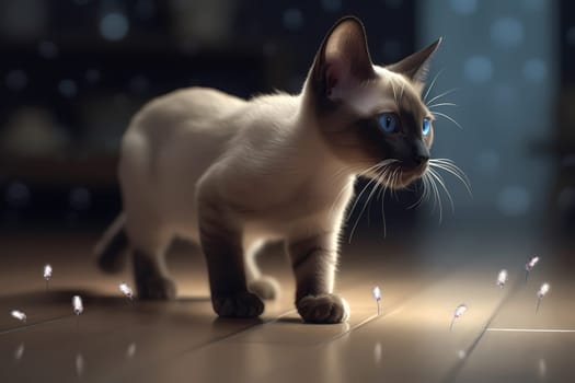 The curious kitten is in hot pursuit of the elusive red dot, dashing and leaping with wild abandon!