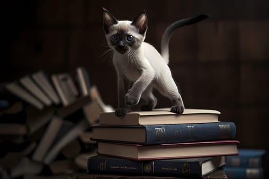 The kitten is using the stack of books as an obstacle course, leaping over them with grace and skill.