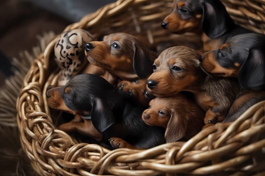 The small hot dog babies are cuddled together in a cozy wicker basket, snoozing with their eyes closed.
