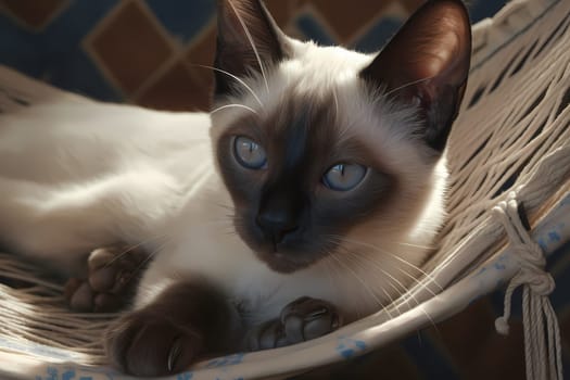 The Siamese kitten relaxes comfortably in the hammock, eyes half-closed and purring contentedly.