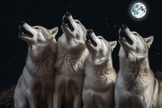 The huskies lift their heads and let out a soulful chorus, their voices echoing in the stillness of the night.