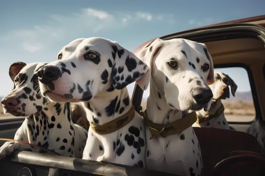 The dalmatians are hanging out the window and enjoying the wind in their fur while traveling with their family.
