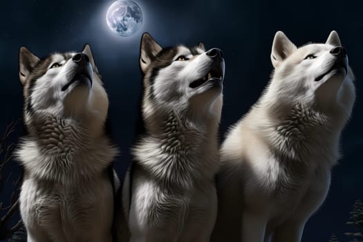 The huskies lift their heads and let out a soulful chorus, their voices echoing in the stillness of the night.