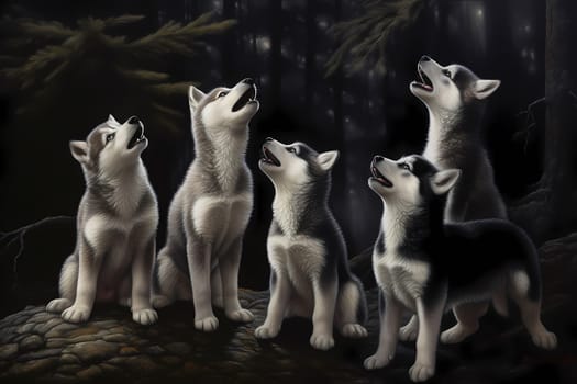 These husky puppies are channeling their inner wolves and howling at the moon in unison!