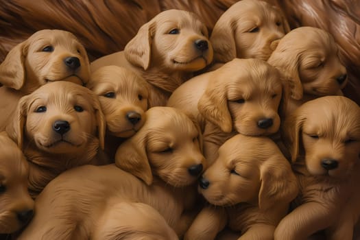 The furry golden retriever puppies are adorably cuddling together with their eyes closed.