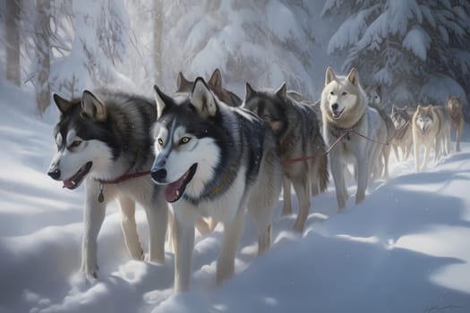 The huskies are working together, pulling the sled through the snow with power and grace.
