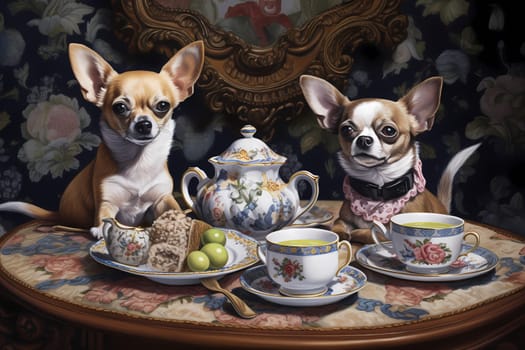 Decked out in their fanciest outfits, the chihuahuas sip tea and gossip like refined ladies of society.