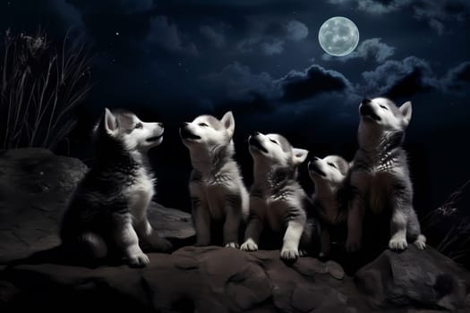 These husky puppies are channeling their inner wolves and howling at the moon in unison!