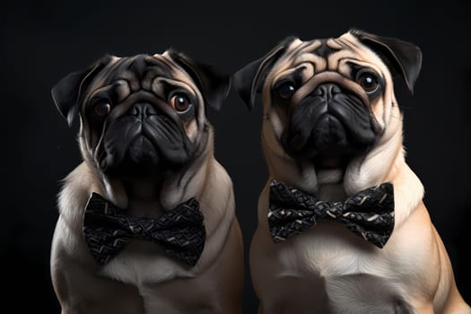 The pugs are wearing matching bowties, posing for the camera with their tongues out.