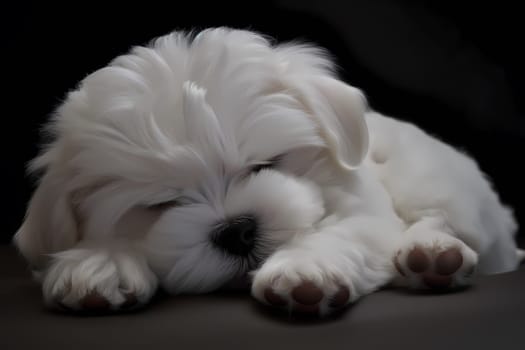 The Maltese puppy is cuddled up on a soft bed, fast asleep and dreaming happily.