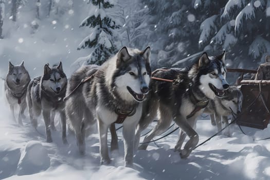 The huskies are working together, pulling the sled through the snow with power and grace.