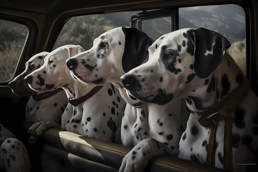 The dalmatians are hanging out the window and enjoying the wind in their fur while traveling with their family.