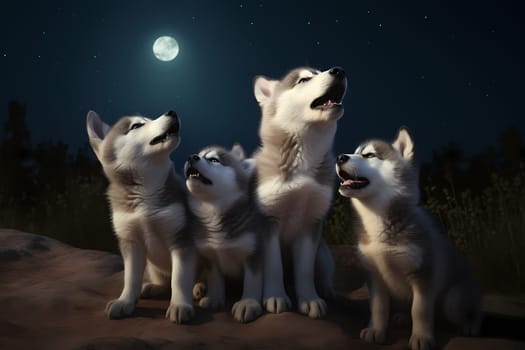 These husky puppies are channeling their inner wolves and howling at the moon in unison!