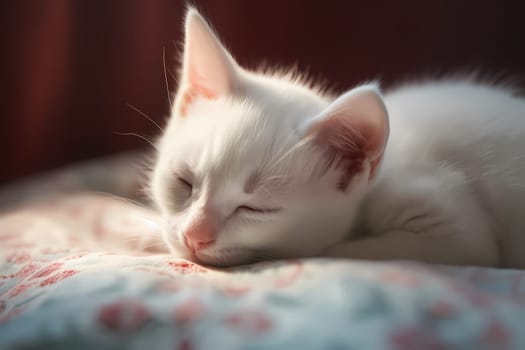 The little white kitten is sound asleep on a fluffy pillow, snuggled up in a peaceful slumber.