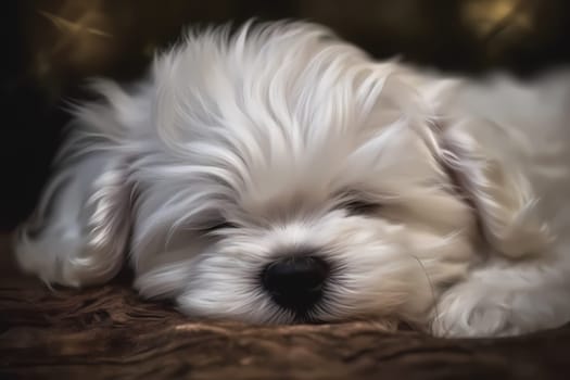 The Maltese puppy is cuddled up on a soft bed, fast asleep and dreaming happily.