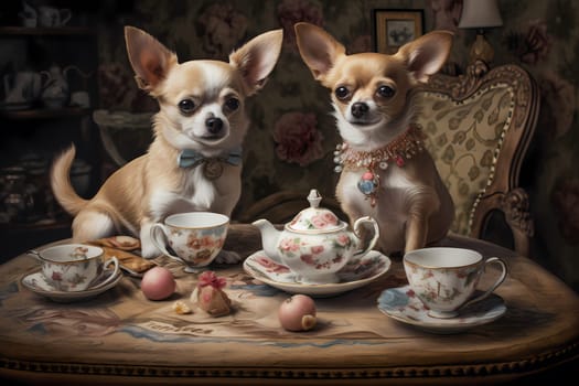 Decked out in their fanciest outfits, the chihuahuas sip tea and gossip like refined ladies of society.