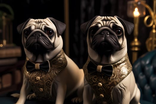 The pugs are wearing matching bowties, posing for the camera with their tongues out.